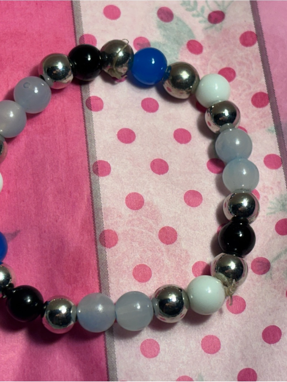 Beaded Stretch Bracelet in Blue, Black, White & Silver